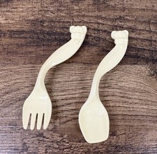 Vintage Curved Teddy Bear Baby Spoon  Fork Set Cream Color Plastic Hong Kong