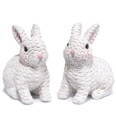 Hodao Set of 2 Woven Easter Bunny Figurines - 4.8'' Tall White Rabbit Resin Sc...