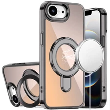 For iPhone 16e Case Radiant Chrome Cover Magnetic Circle Stand + Tempered Glass