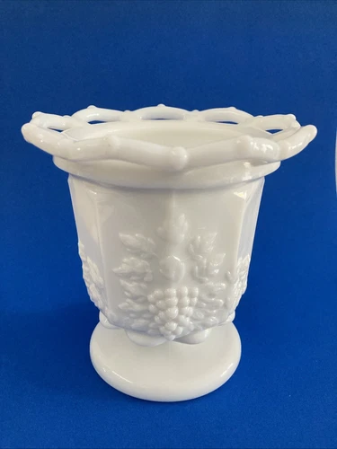 Vintage Westmoreland Milk Glass Candy Dish Paneled Grape Leaf Lace Edged 5" Tall