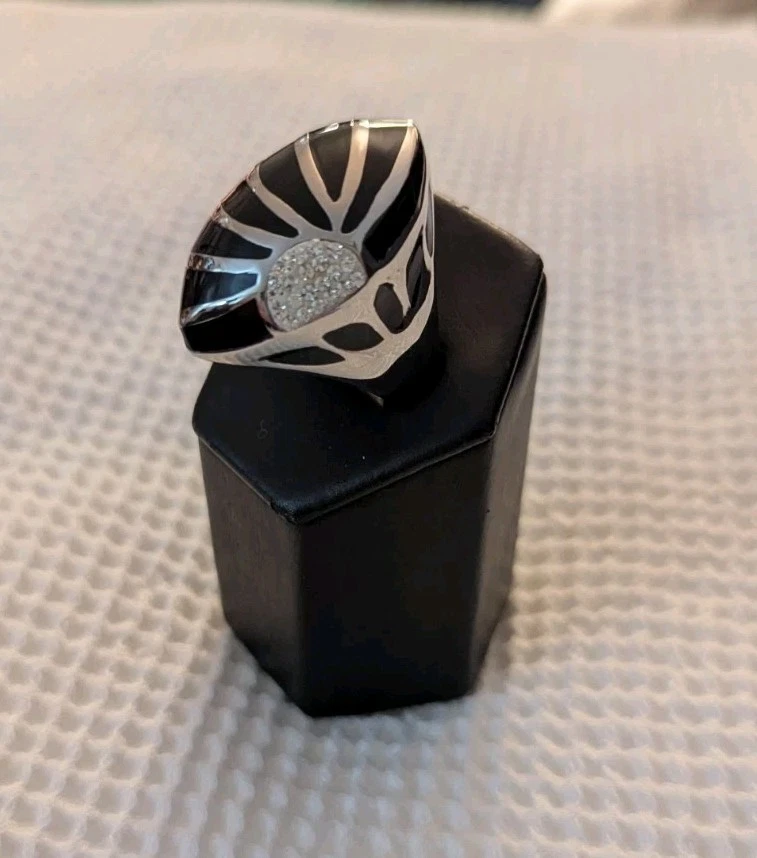Сталь по дизайну ~ черная эмаль, фианиты и нержавеющая сталь кольцо размер: 8-3/4 до 9 ~ купол  - Изображение 2 из 4