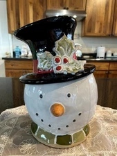 MUD PIE Home Farmhouse Top Hat SNOWMAN Stoneware Cookie Treats Canister Jar, EUC
