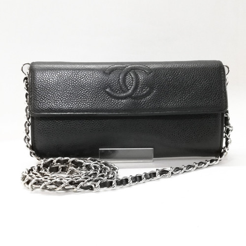 CHANEL Timeless CC Caviar Leather Flap Long Wallet Black Silver Hardware Bifold