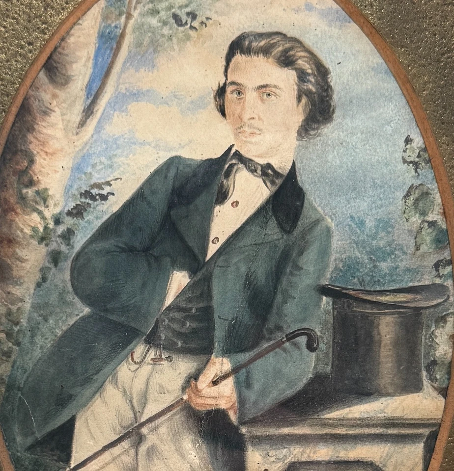 Antigua miniatura retrato pintura siglo XIX joven sombrero bastón francés alemán Foto 3 de 4