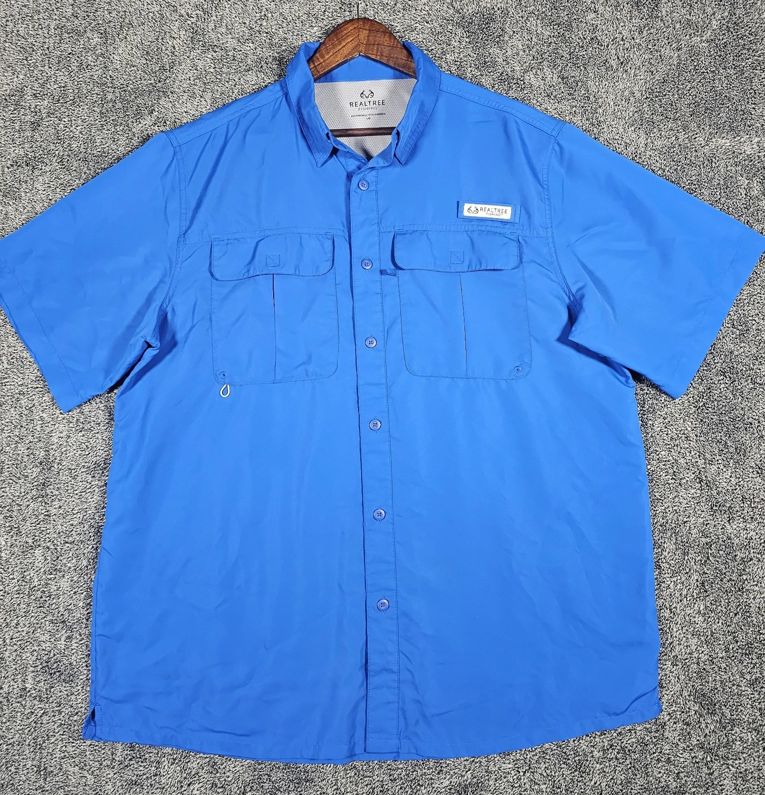 Realtree Fishing Shirt Mens L Blue Short Sleeve Button Up Performance Vented...