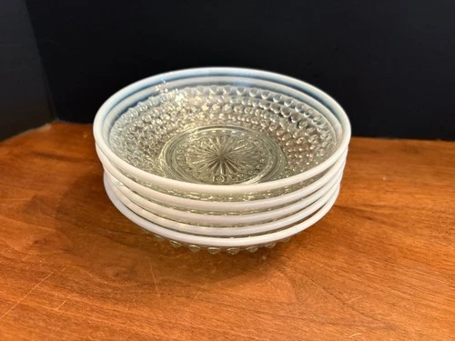 Vintage Five 1940s Anchor Hocking Moonstone Opalescent Hobnail Round Bowls 5.5"