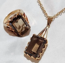 Big Chunky Mid Century 14K Necklace 10K Ring Smoky Quartz Designer Signed 28 Gr