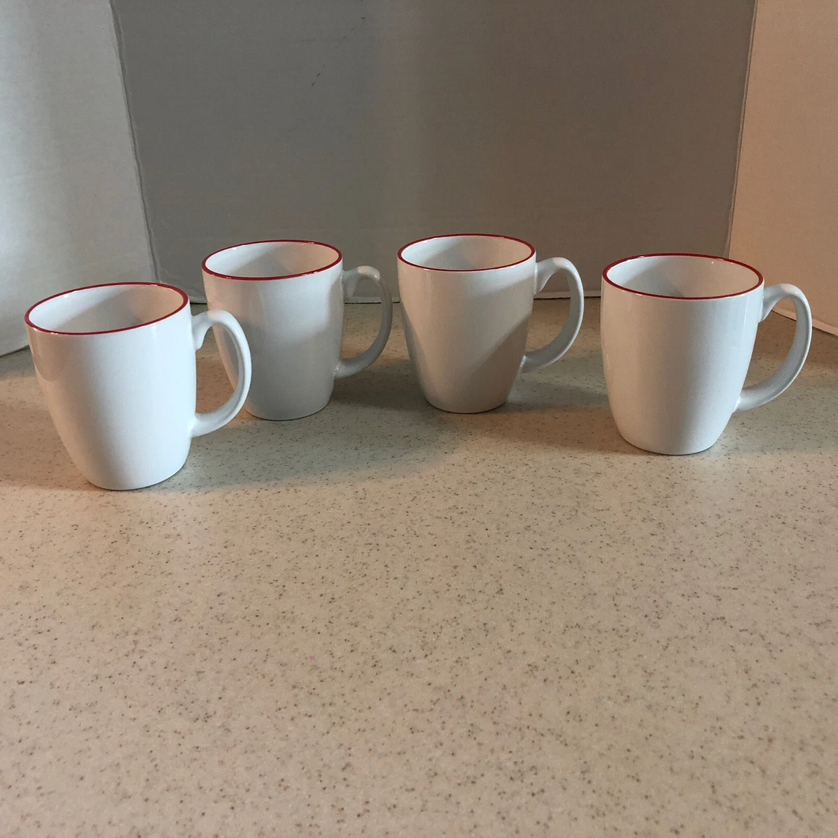 CORELLE STONEWARE 10 OZ. WHITE W/ RED RIM COFFEE MUGS SET OF 4