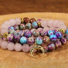 108 MALA GEMSTONE BEADS  LOTUS BUDDHA CHARM YOGA CHAKRA HEALING WOMEN BRACELET