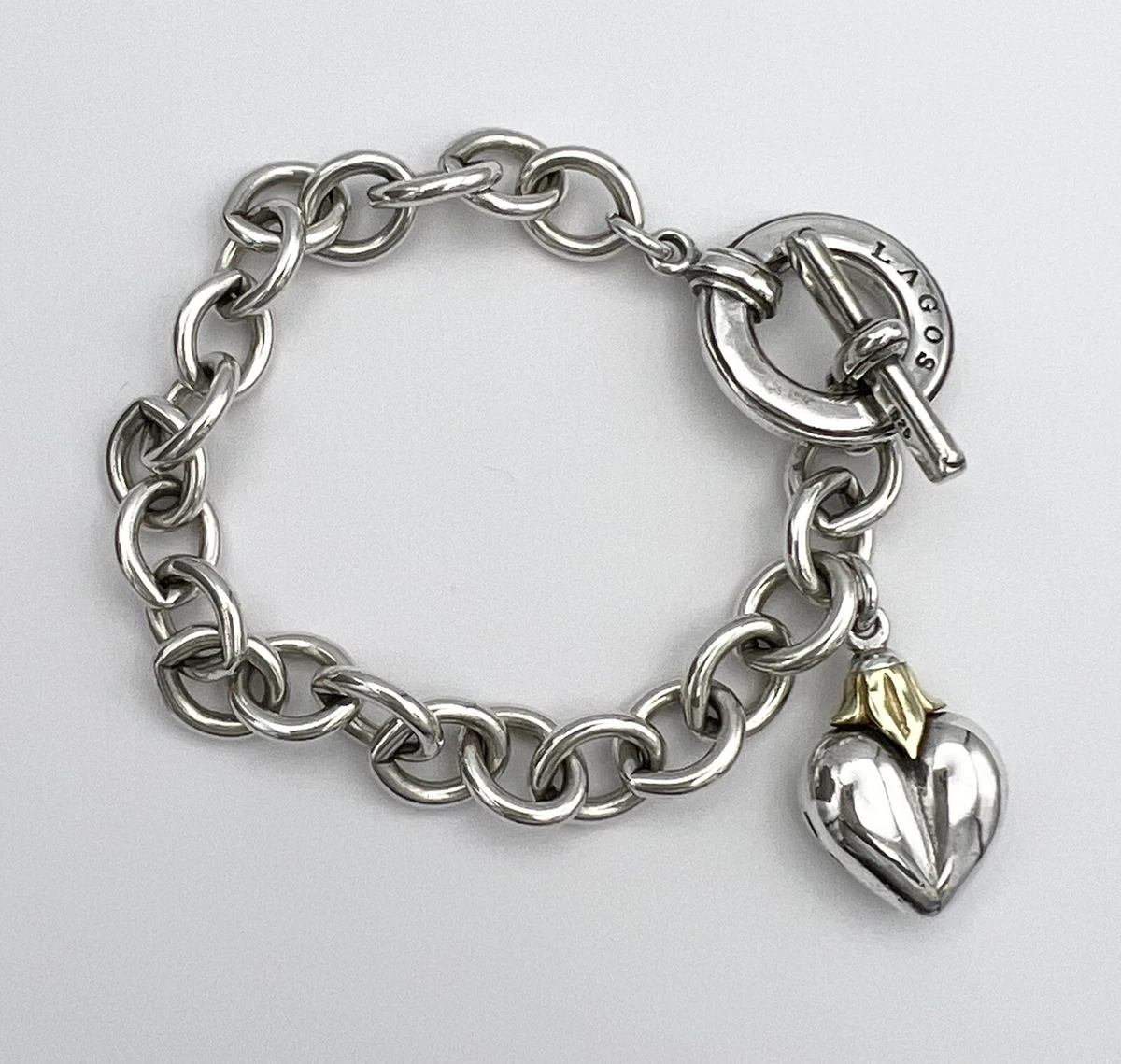 Lagos Sterling Silver 18k Gold Dangle Heart Charm Link Bracelet