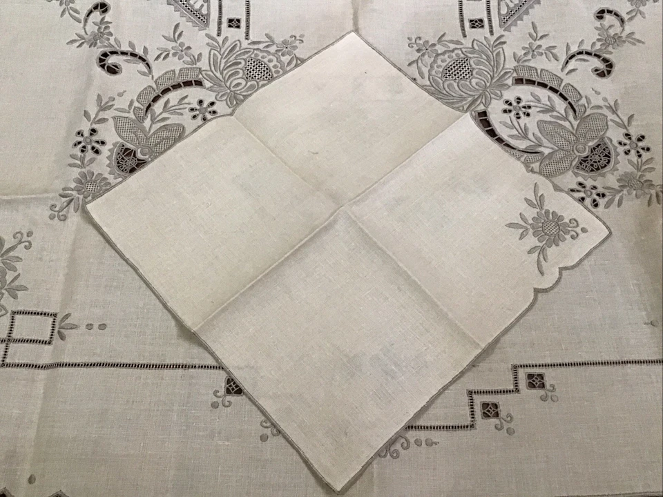 "Mantel de lino cuadrado 34"" y 4 servilletas vintage Madeira bordado a mano nuevo" - Imagen 4 de 4