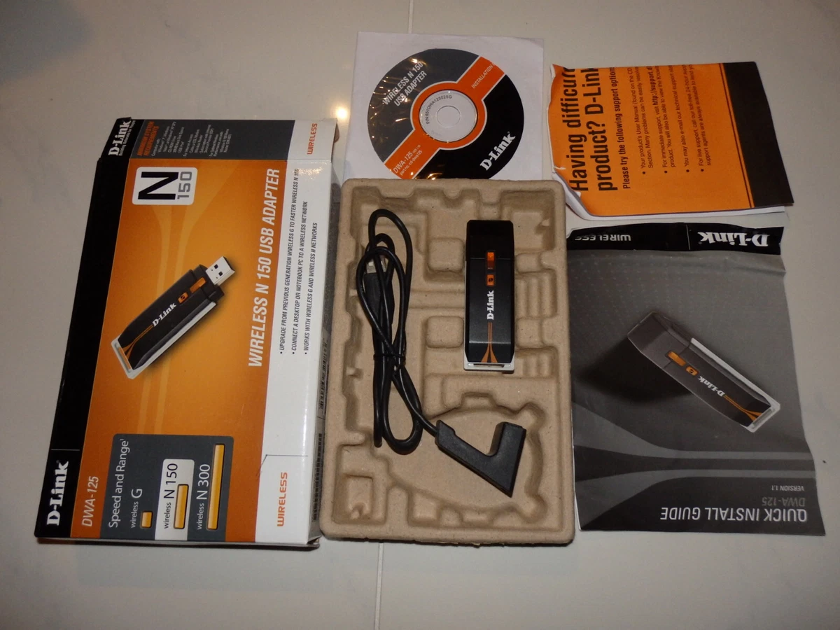 D-Link DWA-125 N150 Wireless USB Adapter W/Orig. Installation CD.