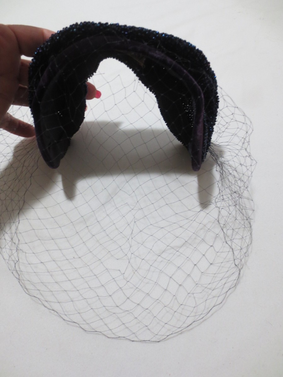 Vtg Blum's North  Chicago Black Velvet Net Birdcage Veil Cap Hat w/Blue beads View 4