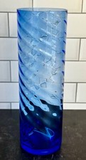 VTG Art Glass Vase Cobalt Blue Hand Blown Swirl Pontil Bottom Coastal Decor