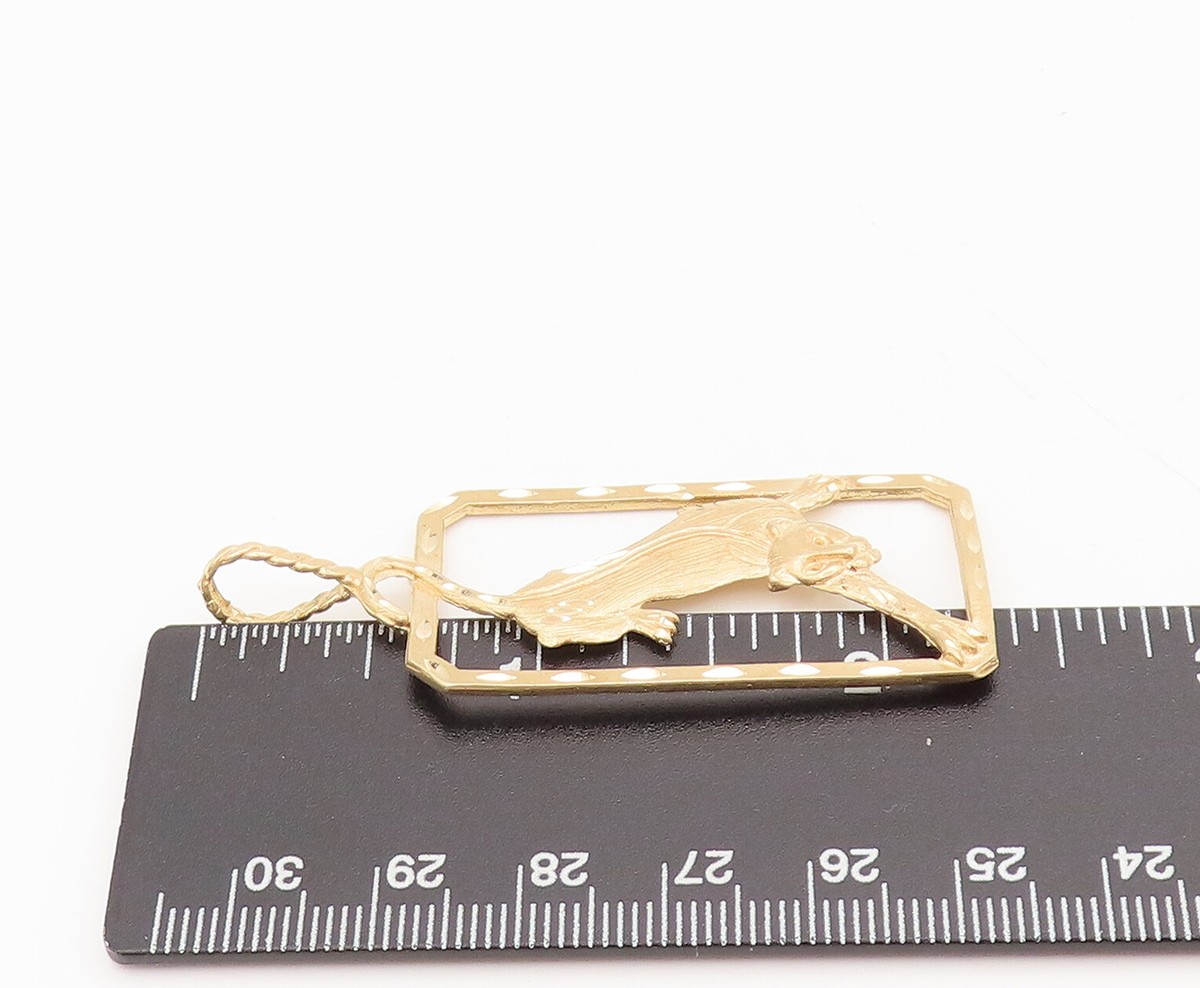 14K GOLD Vintage Full Body Roaring Panther In Frame Drop Pendant 