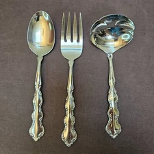 Oneida MOZART Stainless Flatware; Solid Serving Spoon, Cold Meat Fork, Ladle