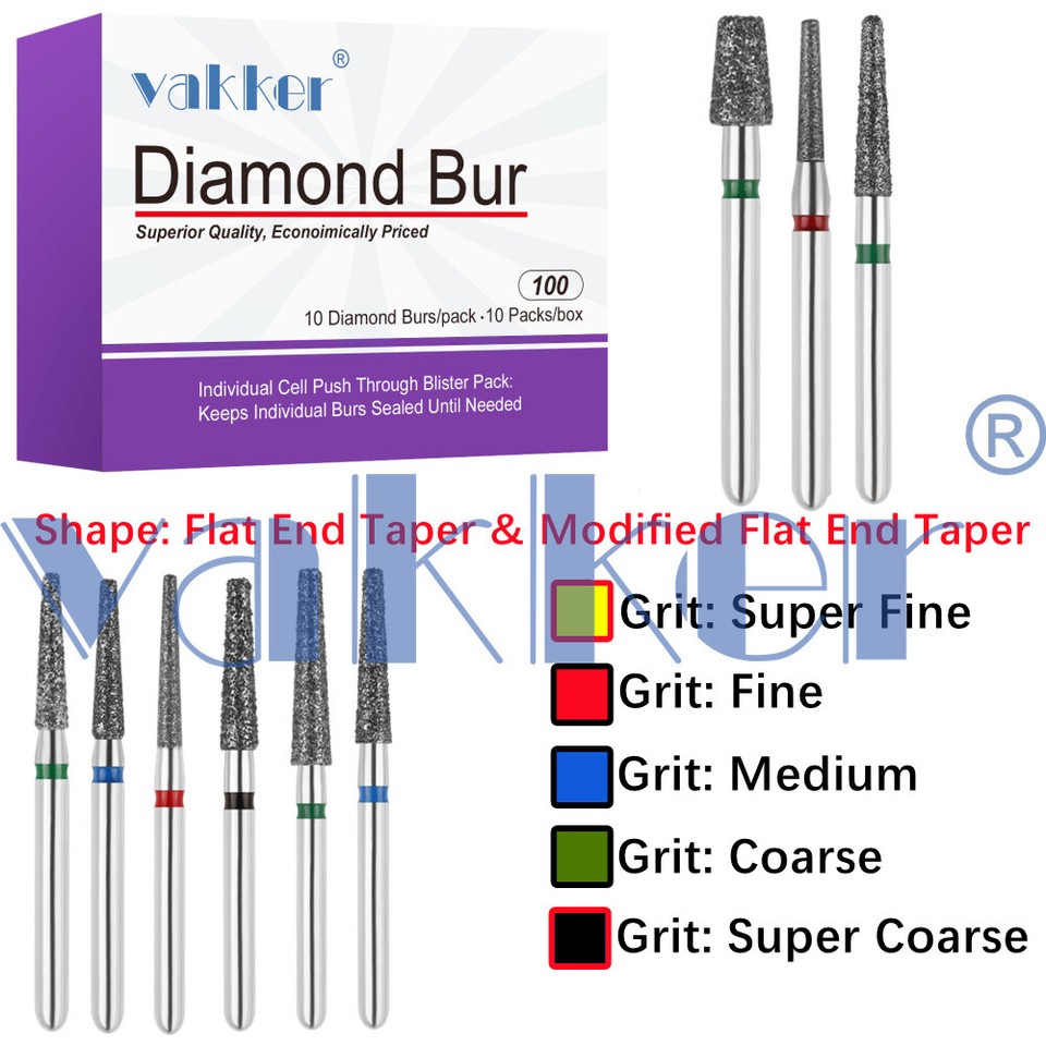 Vakker 10 piezas Dental Diamond Bur Modificado Extremo Plano Forma Cónica Pieza de Mano Bur