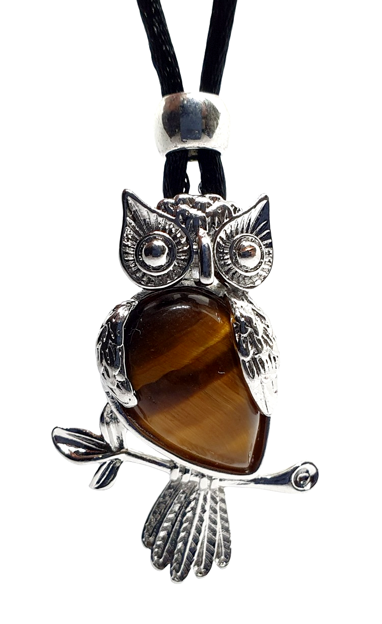 Owl Pendant Necklace Tigers Eye Natural Gemstone Cord Bead Healing Stone Chakra