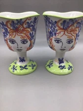 Hand Painted Wine Goblets (2) By Gretchen Kelly 6”.  Red Head Lady. Fluted Rim.