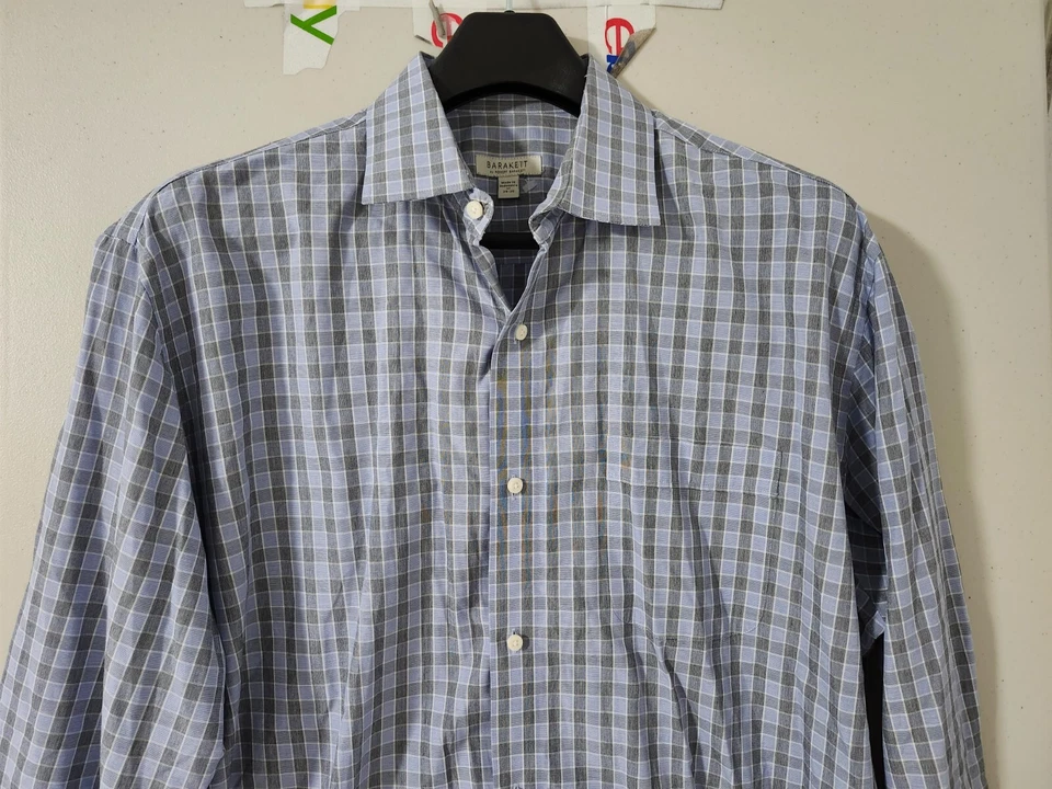 Robert Brackett Shirt Mens 17 Blue Dress Long Sleeve Button Plaid Checker Cotton - Image 4 of 4