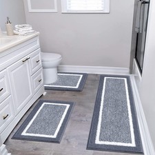 U Shape Toilet Mat Set, 3 Piece Microfiber Shaggy Bath Rugs, Dark Grey