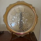 Vintage Jeanette Iris Herringbone Marigold Carnival Glass Cake Platter 12"