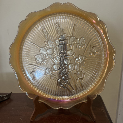Vintage Jeanette Iris Herringbone Marigold Carnival Glass Cake Platter 12''