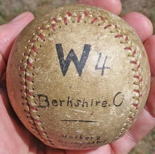 Antique 1920's Worcester vs Berkshire No Hitter Baseball, Red & Green Stitching