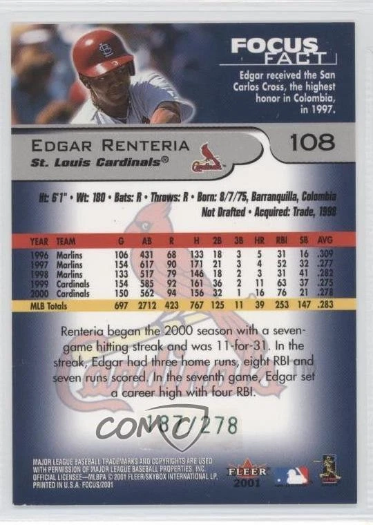 2001 Fleer Focus Batting Avg/ERA /278 Edgar Renteria #108 - Image 2 of 2