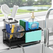 Godboat Sponge Holder, Kitchen Sink Organizer with Brush Rack, Small, Black 