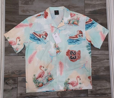 #ad M MEN#x27;S JORDAN ESSENTIALS PRINTED BUTTON DOWN CAMP TOP Brand New $38.00