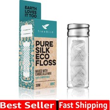 Pure Silk Eco Floss  33yd Silk Dental Floss Spool in a Refillable Glass Disp...