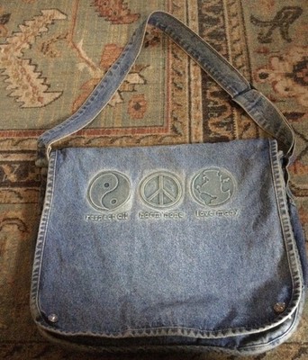 Large Blue Denim Shoulder Bag Crossbody Bag  Respect All   Harm None Love Many 