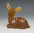Vtg FENTON Amber Satin Hand Painted Glass Deer Fawn Signed & Logo QVC