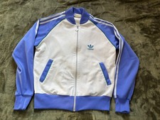 Vintage Adidas Jacket Mens Medium White Blue Trefoil Track 3 Stripe Zip 80s