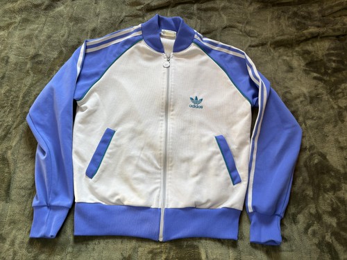 Vintage Adidas Jacket Mens Medium White Blue Trefoil Track 3 Stripe Zip 80s - Image 1