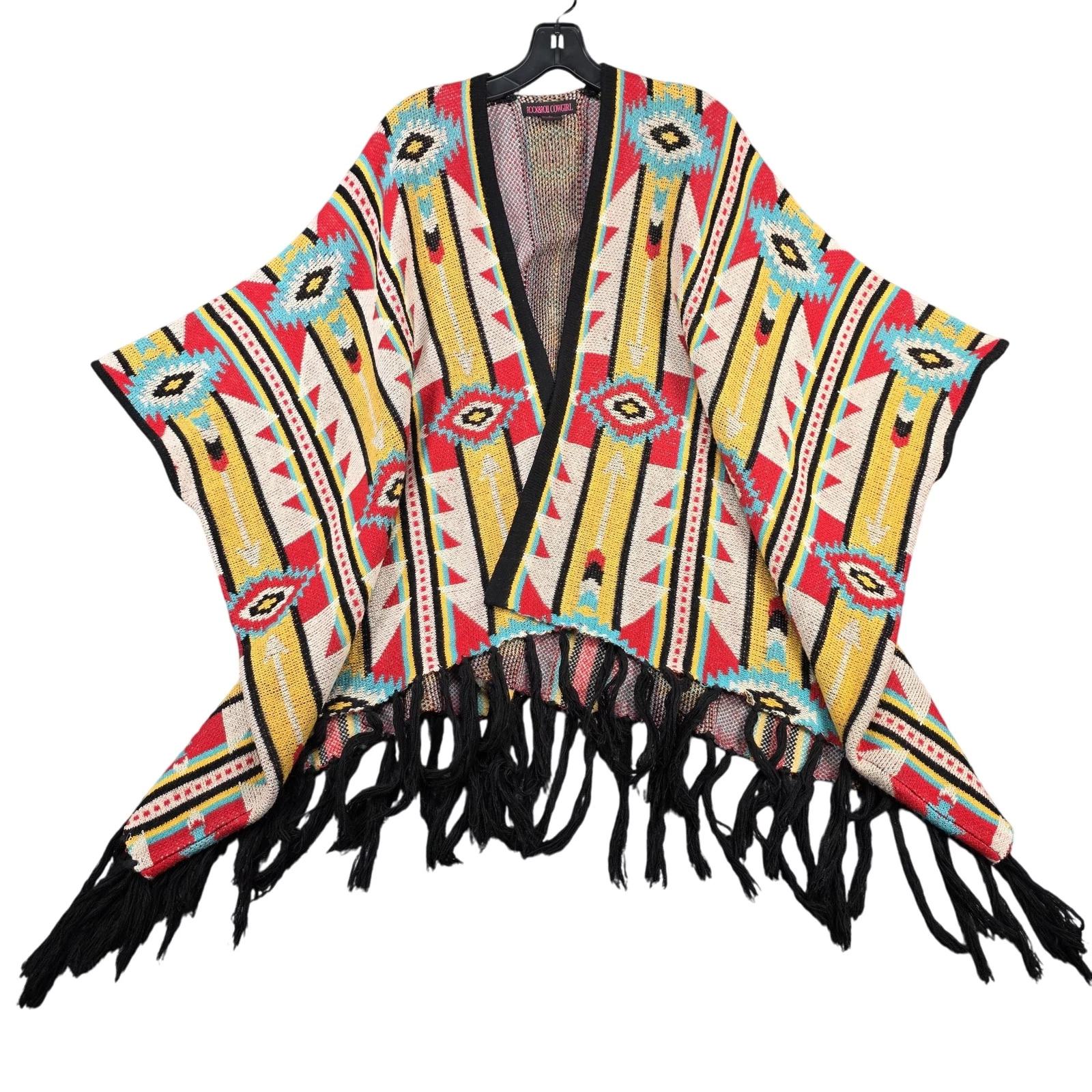 Rock & Roll Cowgirl Poncho Womens Large Multicolor Aztec Fringe Ruana Shawl Boho