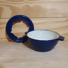 Vintage Le Creuset Blue Enameled Cast Iron Fondue Pot With Lid HTF Cheese Party