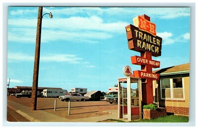 1960's Postcard Trailer Ranch Travel RV Camp Laramie WY Telephone Booth 62 Chevy