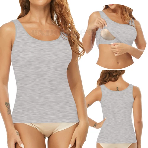 TANK TOP Womens Stretch Long Workout Fitness Sport Yoga Built in Bra Basic Top - Picture 29 of 61