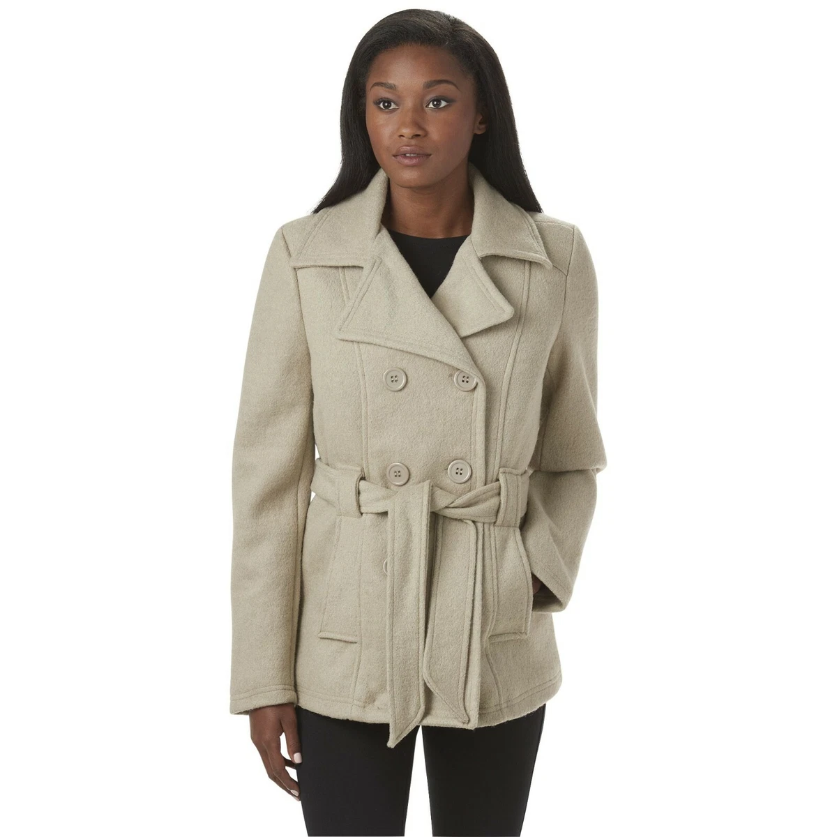 JOUJOU Womens Belted Wool Double Breasted 2 Pockets peaCoat Sage Small