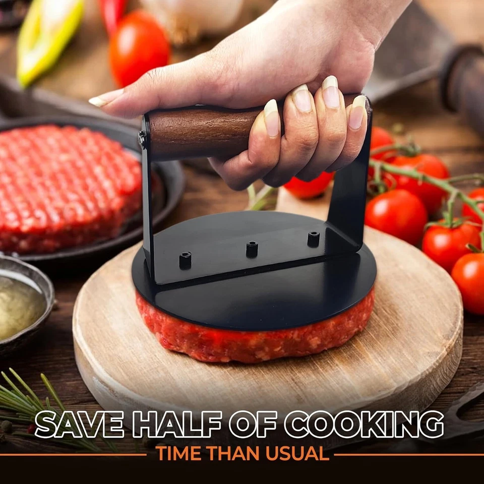 Prensa de hamburguesas con mango de madera 2 piezas - Prensa de carne redonda de 5,5" y rectangular de 8,03 x 4,2" Foto 2 de 4