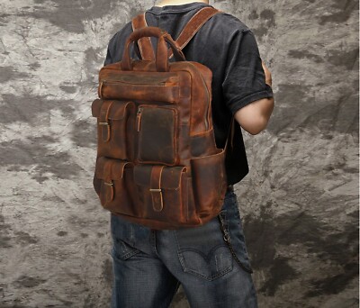 18'' Genuine Leather Retro Rucksack Backpack College Bag School Picnic Bag Travel