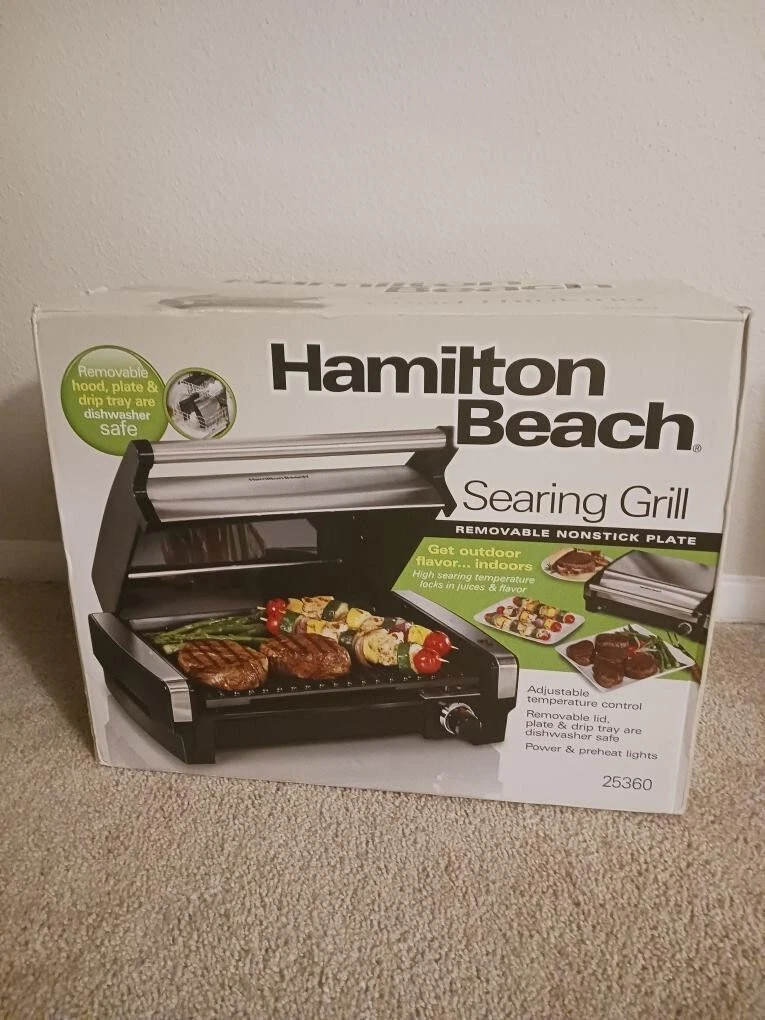 Hamilton Beach Electric Indoor Searing Grill, Removable Easy to Clean  Nonstick Cooking Plate, 6-Serving, Extra-Large Drip Tray, Stainless Steel,  25360