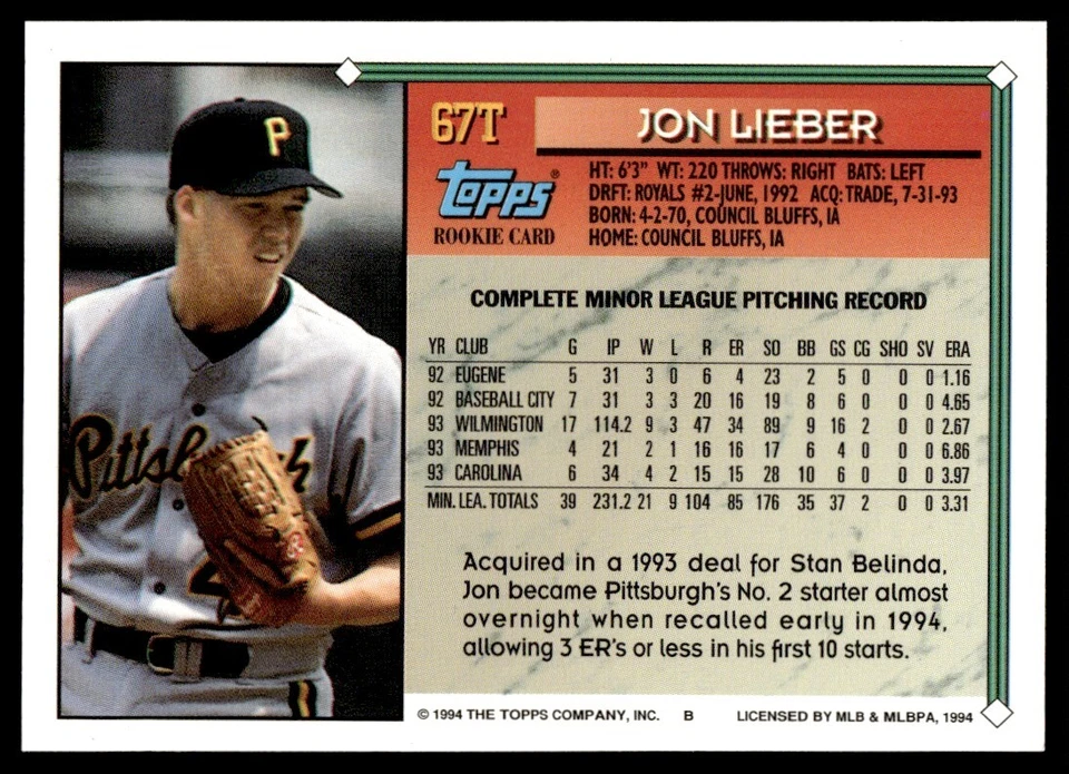 1994 Topps Traded Jon Lieber Pittsburgh Pirates #67T - Image 2 of 2