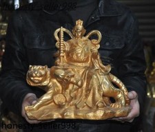 12'' Chinese temple bronze Gilt God of wealth Zhao Gong Ming Sit on Tiger Statue