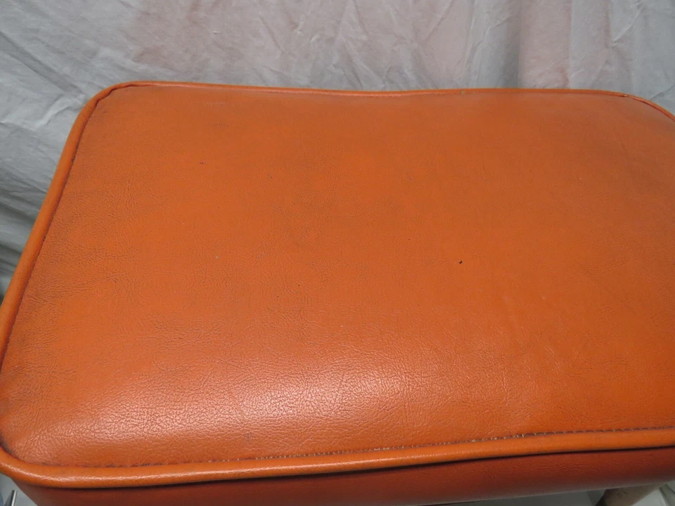 Vintage Mid Century Modern Orange Vinyl Footstool/Ottoman Wood Legs 21"x13"x13" - Image 2 of 4