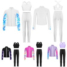 Kids Girls Outfits Gymnastics Set Sports Suit Printed Stand Collar Trousers