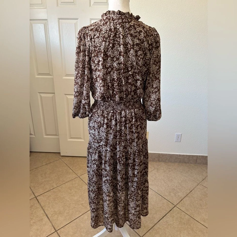 Vestido bohemio flor y pluma para mujer marrón floral pequeño manga 3/4 cuello redondo Foto 3 de 4