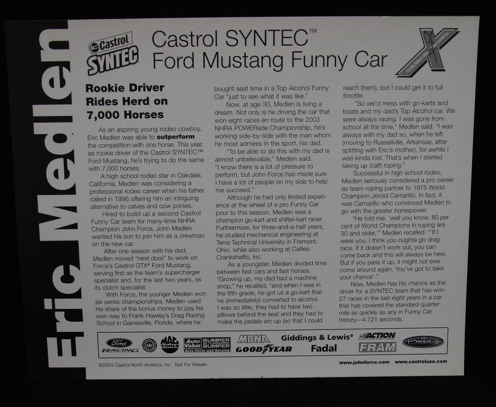 ERIC MEDLEN Autographed 2004 Pit Card PSA/DNA NHRA Funny Car Castrol Racing AUTO view 2